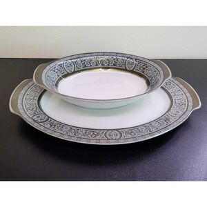 Forest Damask 3544 Platter w/ Bowl silver Trim Made In Japan Sears 1970s